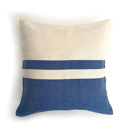 Woven Block Pillow Case - Natural with Blue